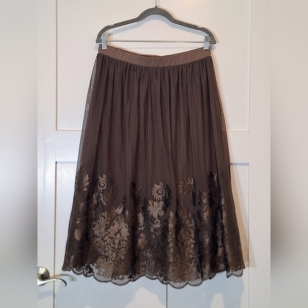 Garnet Hill Prima Tulle Midi Skirt Embroidered Paisley Floral Lace Brown Large